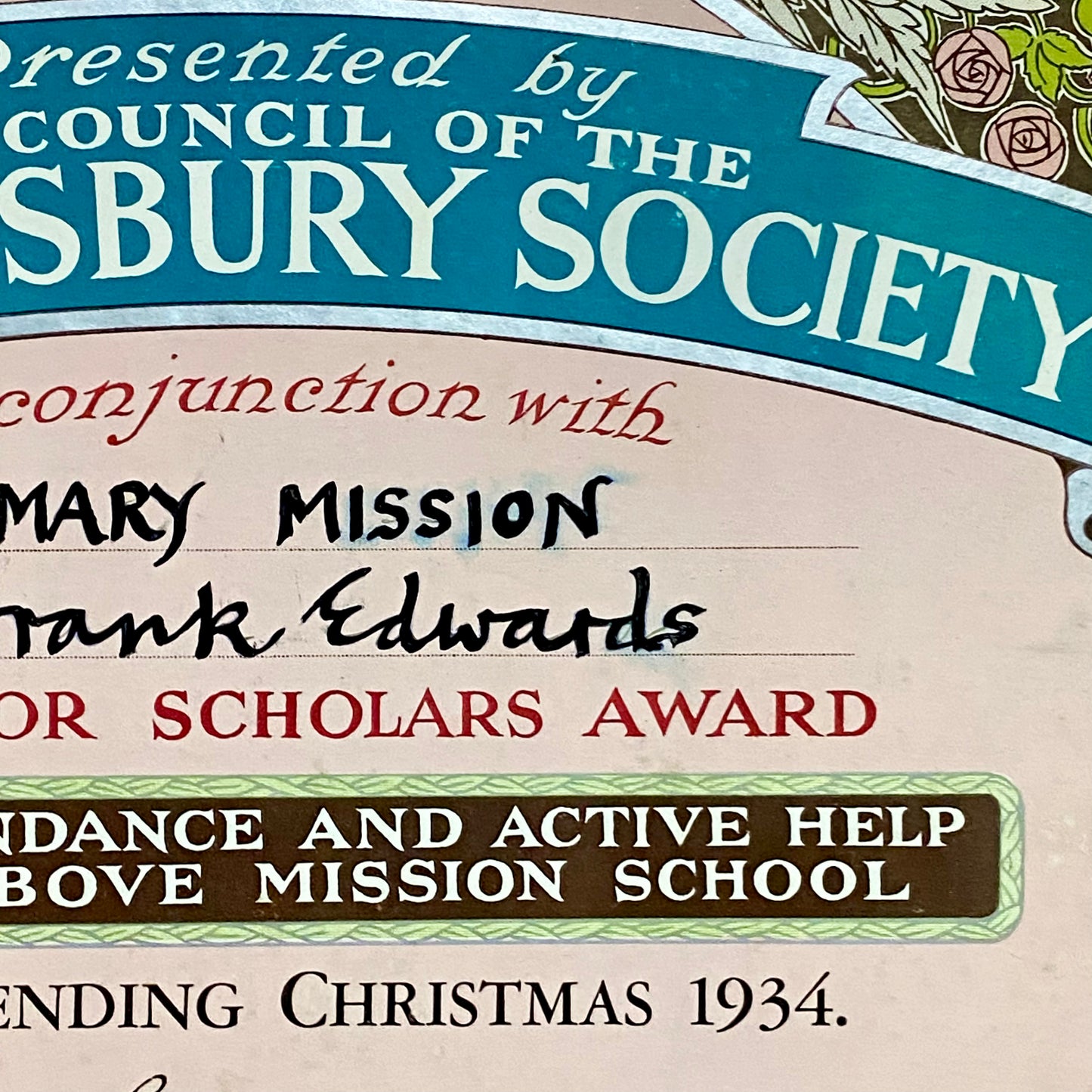 Rosemary Mission Shaftesbury Society 1934 Certificate On Board Signed George V