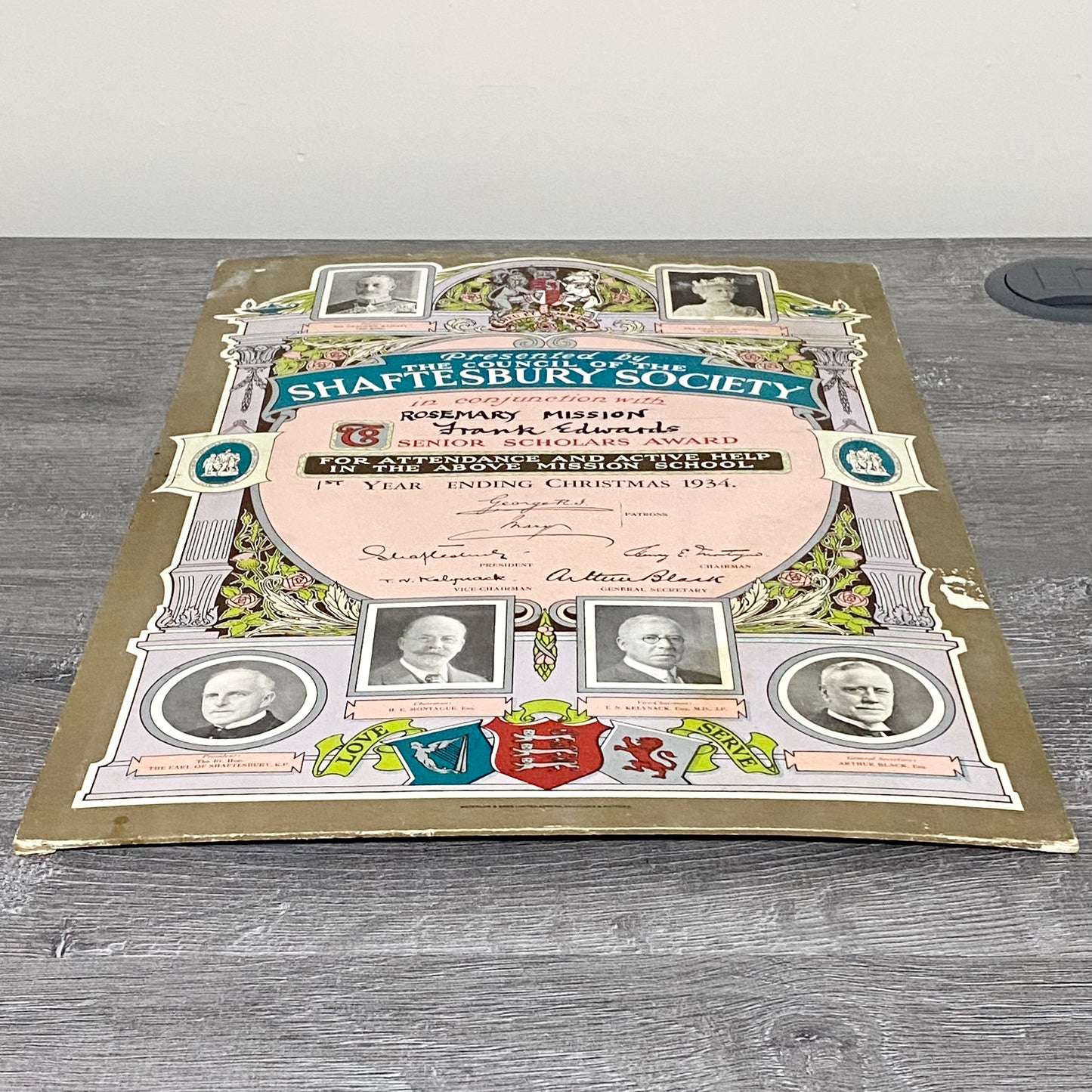 Rosemary Mission Shaftesbury Society 1934 Certificate On Board Signed George V