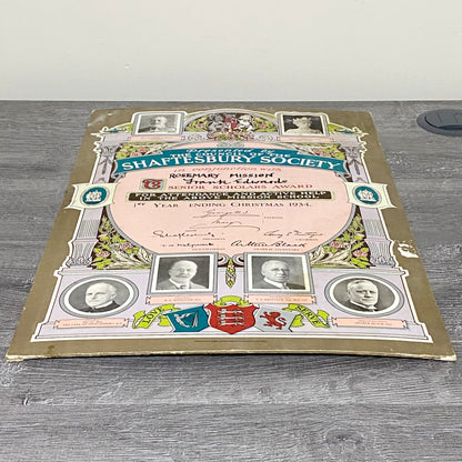 Rosemary Mission Shaftesbury Society 1934 Certificate On Board Signed George V