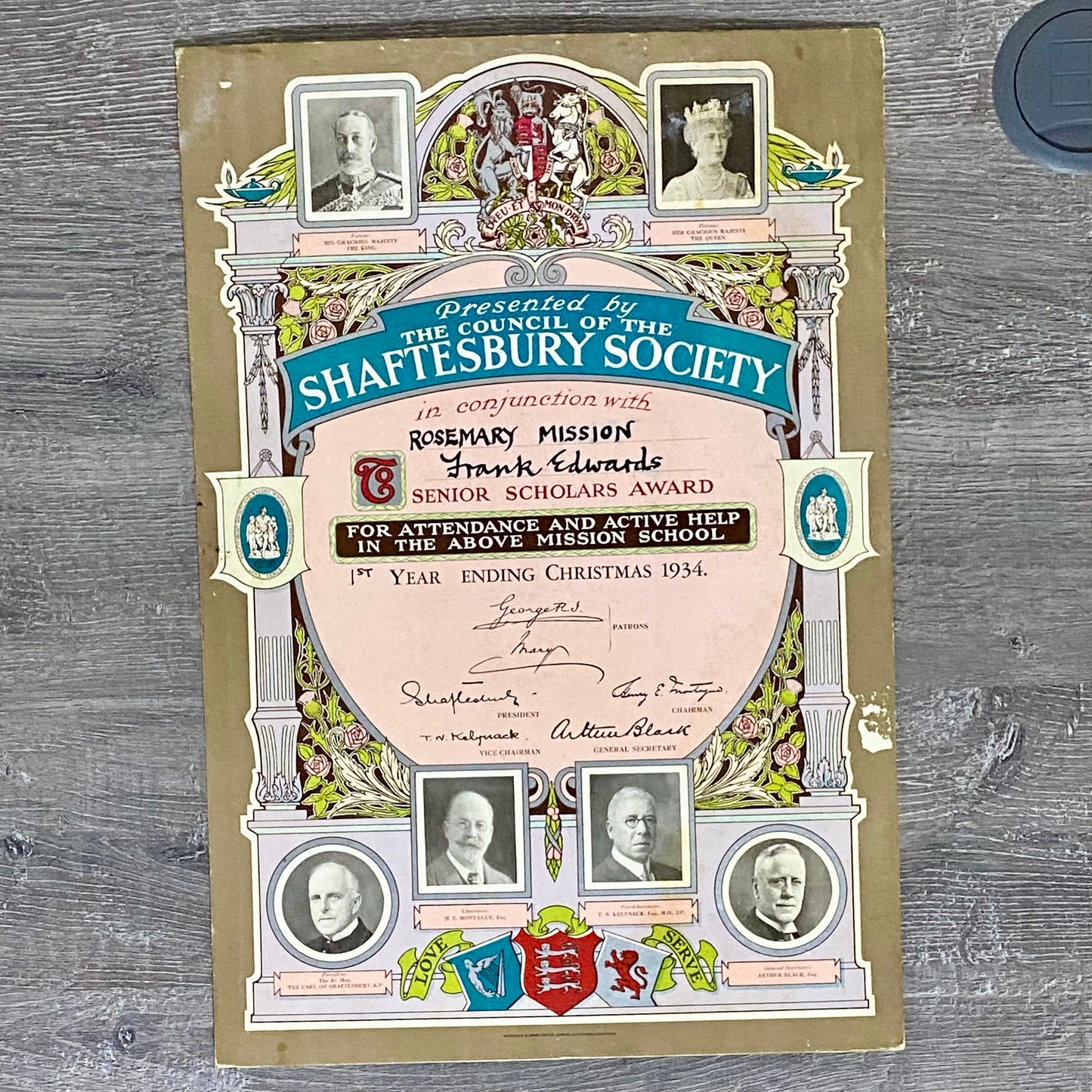Rosemary Mission Shaftesbury Society 1934 Certificate On Board Signed George V