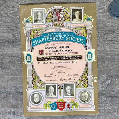 Rosemary Mission Shaftesbury Society 1934 Certificate On Board Signed George V