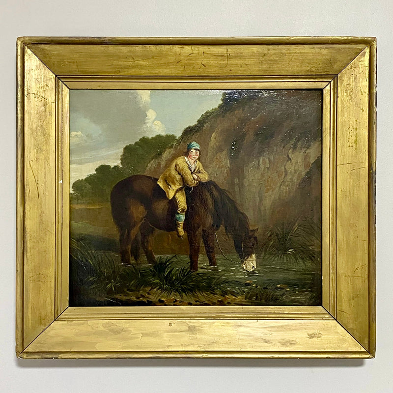 Late 18th Century Boy On Horse Drinking Oil On Canvas Signed George Morland Rare