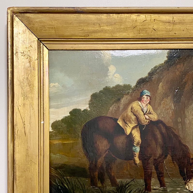 Late 18th Century Boy On Horse Drinking Oil On Canvas Signed George Morland Rare