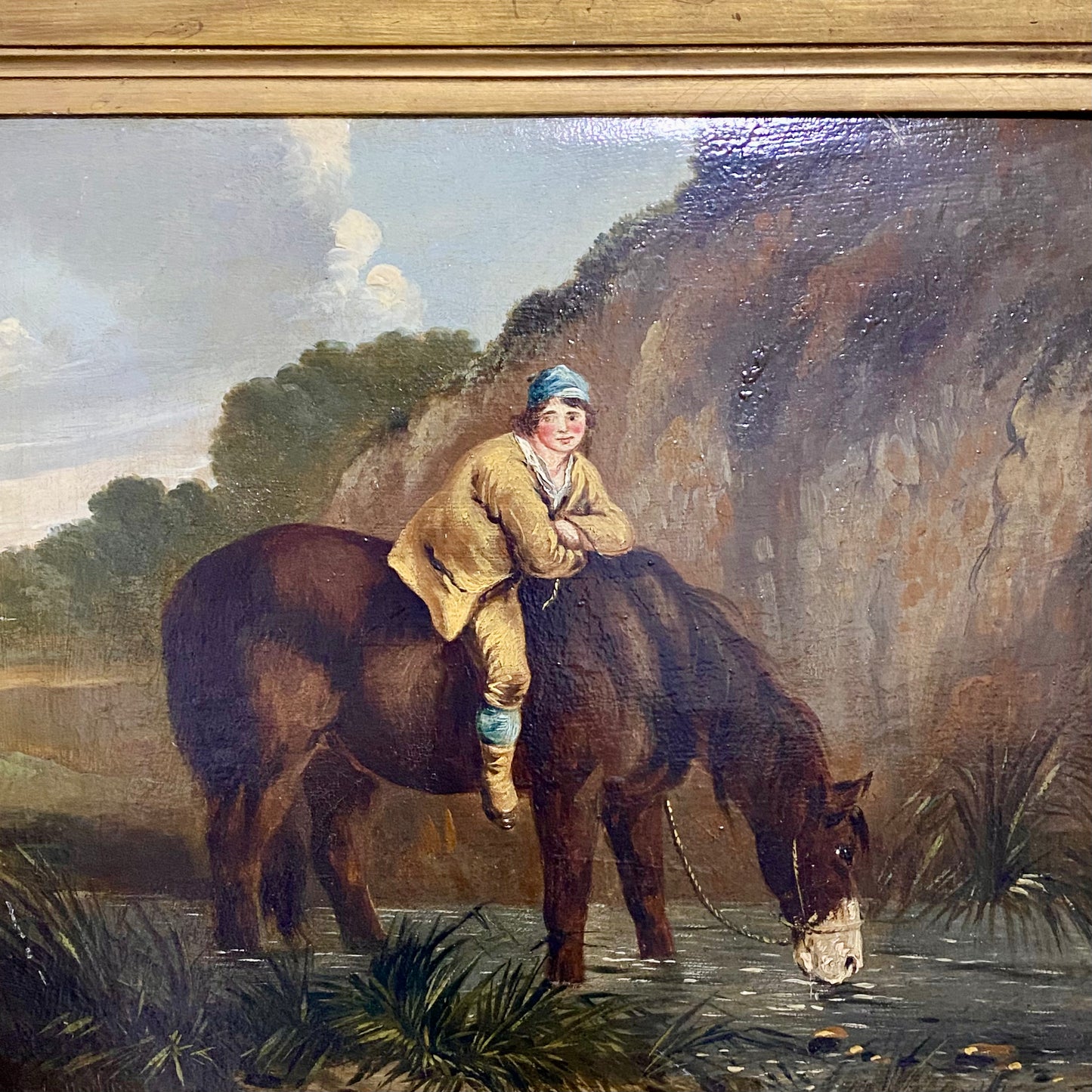 Late 18th Century Boy On Horse Drinking Oil On Canvas Signed George Morland Rare