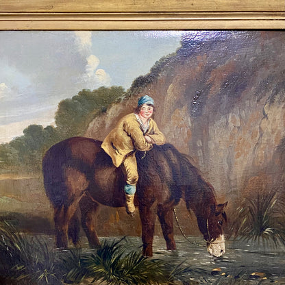 Late 18th Century Boy On Horse Drinking Oil On Canvas Signed George Morland Rare
