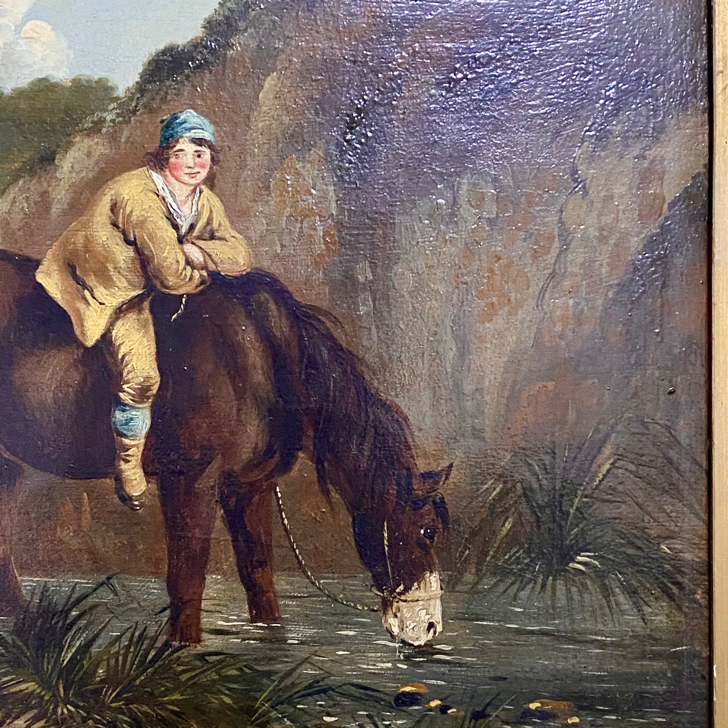 Late 18th Century Boy On Horse Drinking Oil On Canvas Signed George Morland Rare