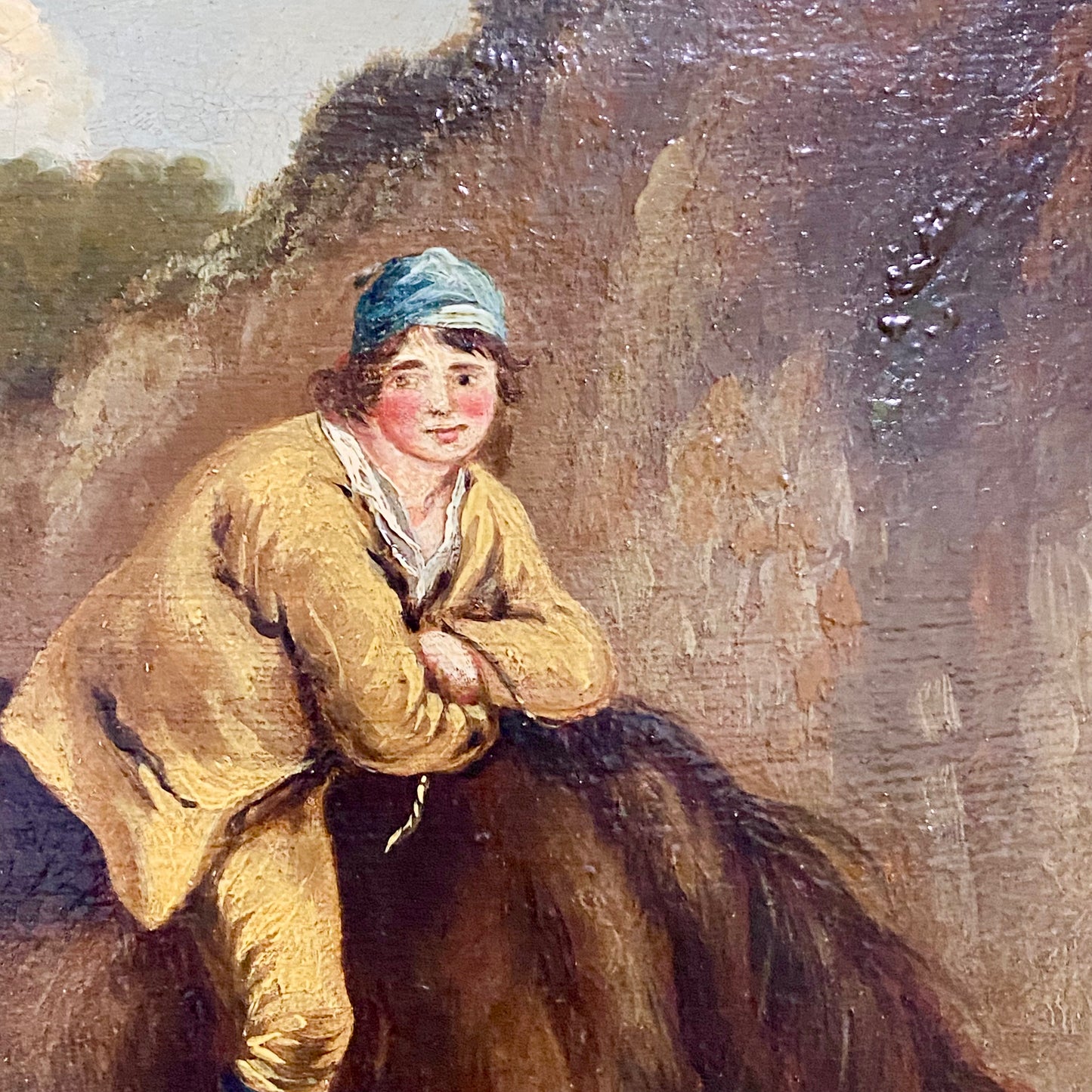 Late 18th Century Boy On Horse Drinking Oil On Canvas Signed George Morland Rare
