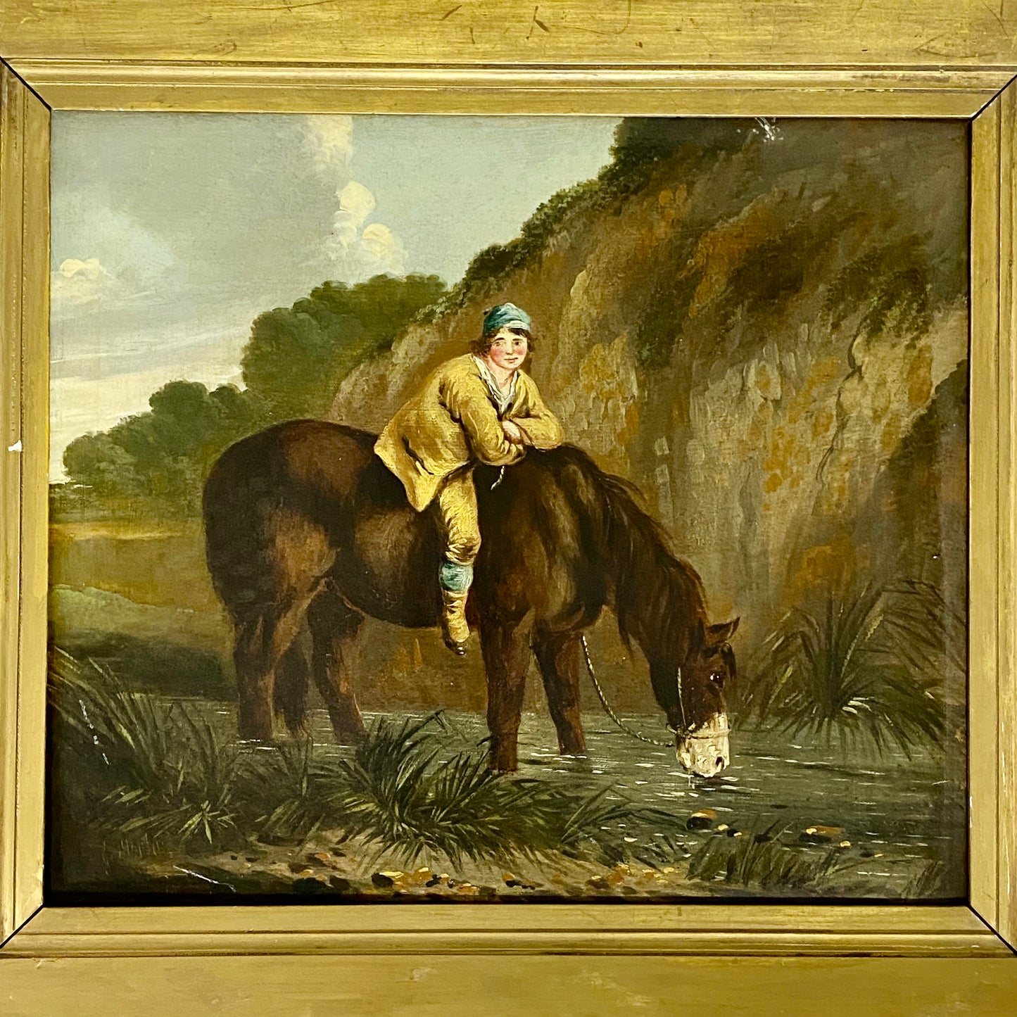 Late 18th Century Boy On Horse Drinking Oil On Canvas Signed George Morland Rare
