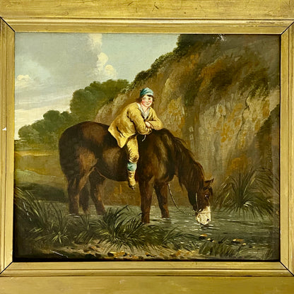 Late 18th Century Boy On Horse Drinking Oil On Canvas Signed George Morland Rare