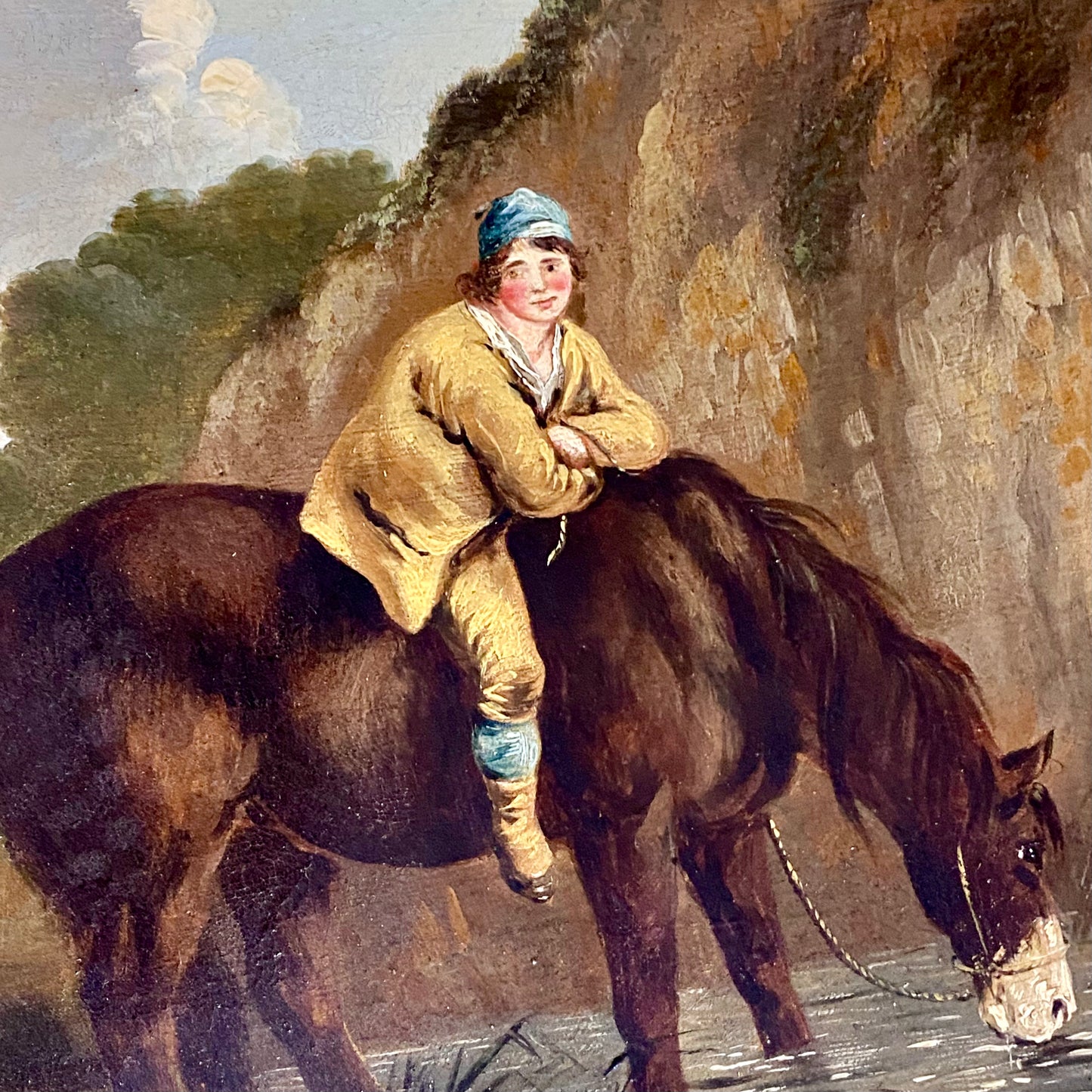 Late 18th Century Boy On Horse Drinking Oil On Canvas Signed George Morland Rare