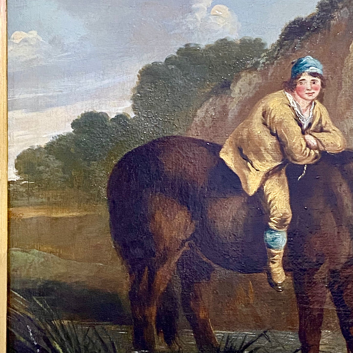 Late 18th Century Boy On Horse Drinking Oil On Canvas Signed George Morland Rare