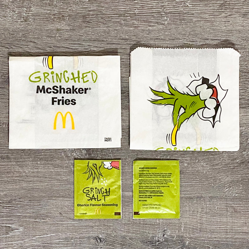 2x McDonald’s Grinch Salt & Shake McShaker Fries Bag Gherkin Flavoured Seasoning