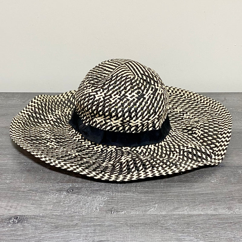 Accessorize Black White Woven Straw Summer Sun Hat With Bow Women Wide One Size