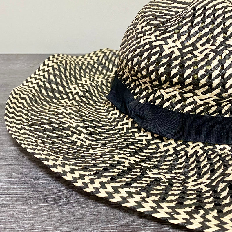 Accessorize Black White Woven Straw Summer Sun Hat With Bow Women Wide One Size