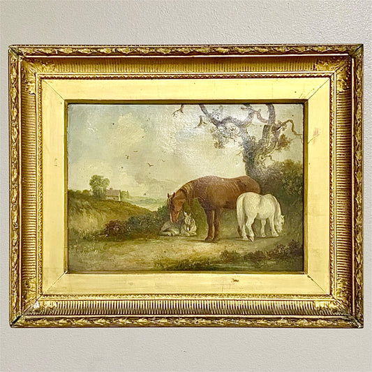 Antique 19th Century Horse & Foal Oil On Canvas Painting Signed E R Smyth Framed