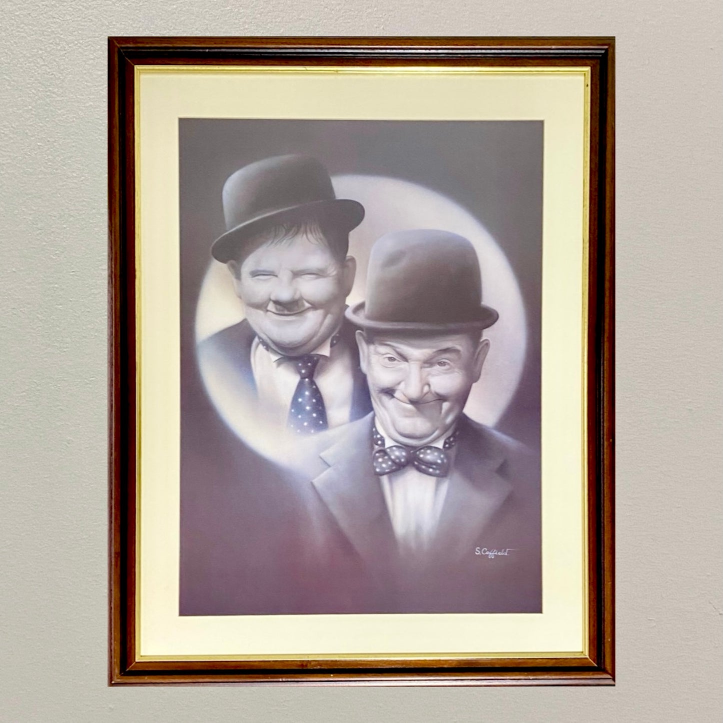 Retro Double Trouble Laurel & Hardy Portrait Print Signed Stuart Coffield Framed