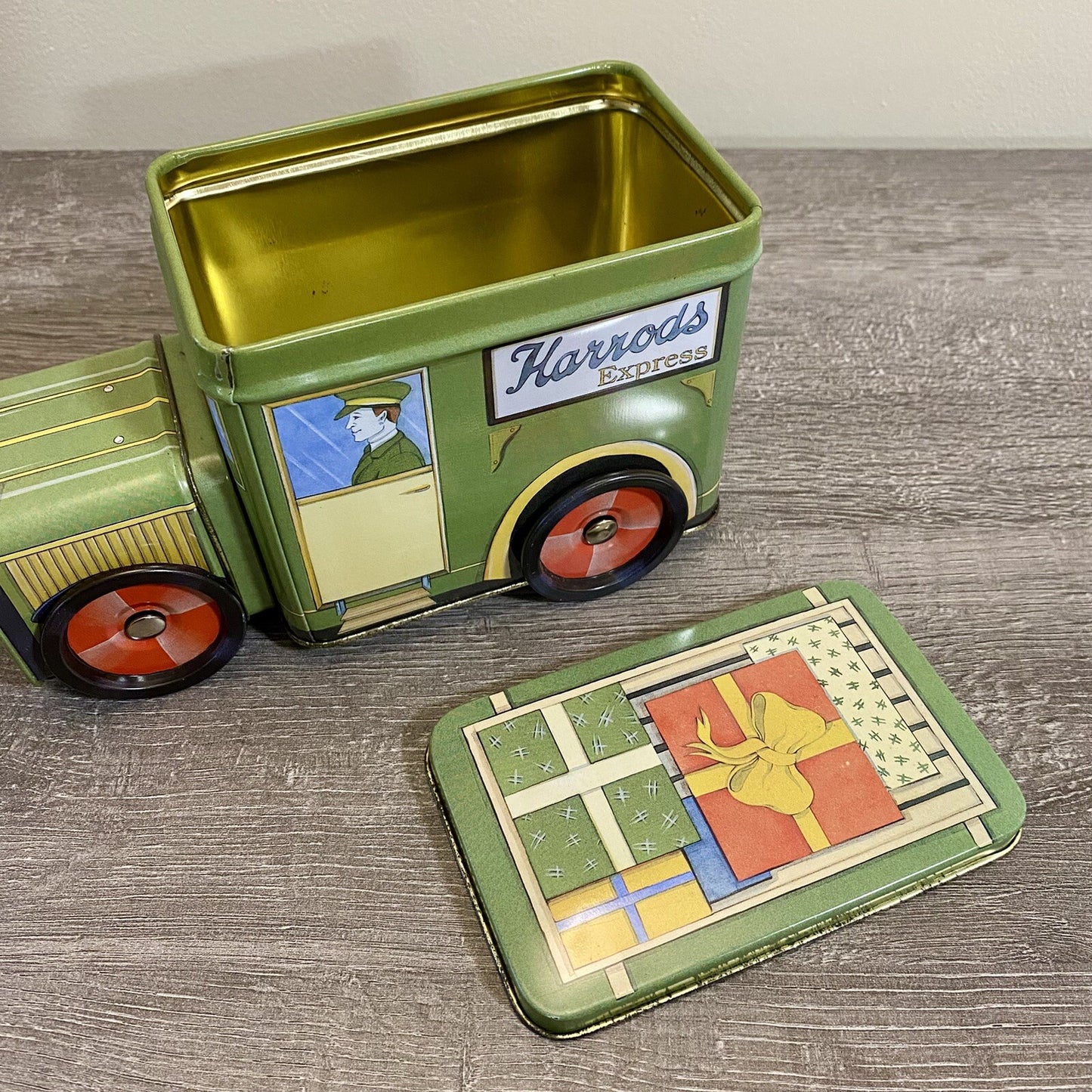 Vintage Harrods Express Truck Car With Moving Wheels & Lid Collectible Tin Rare