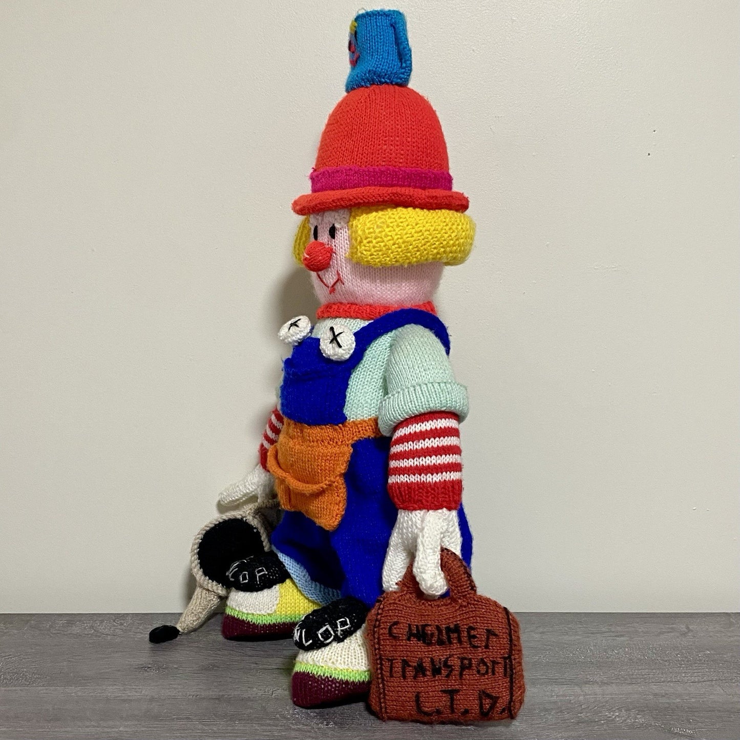 Vintage Jean Greenhowe Hand Knitted XXL Large Mechanic Clown Plush Soft Toy Rare