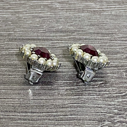 Vintage Clip On Earrings 80s 90s Pearl Ball With Red Ruby Stone Jewellery Pair