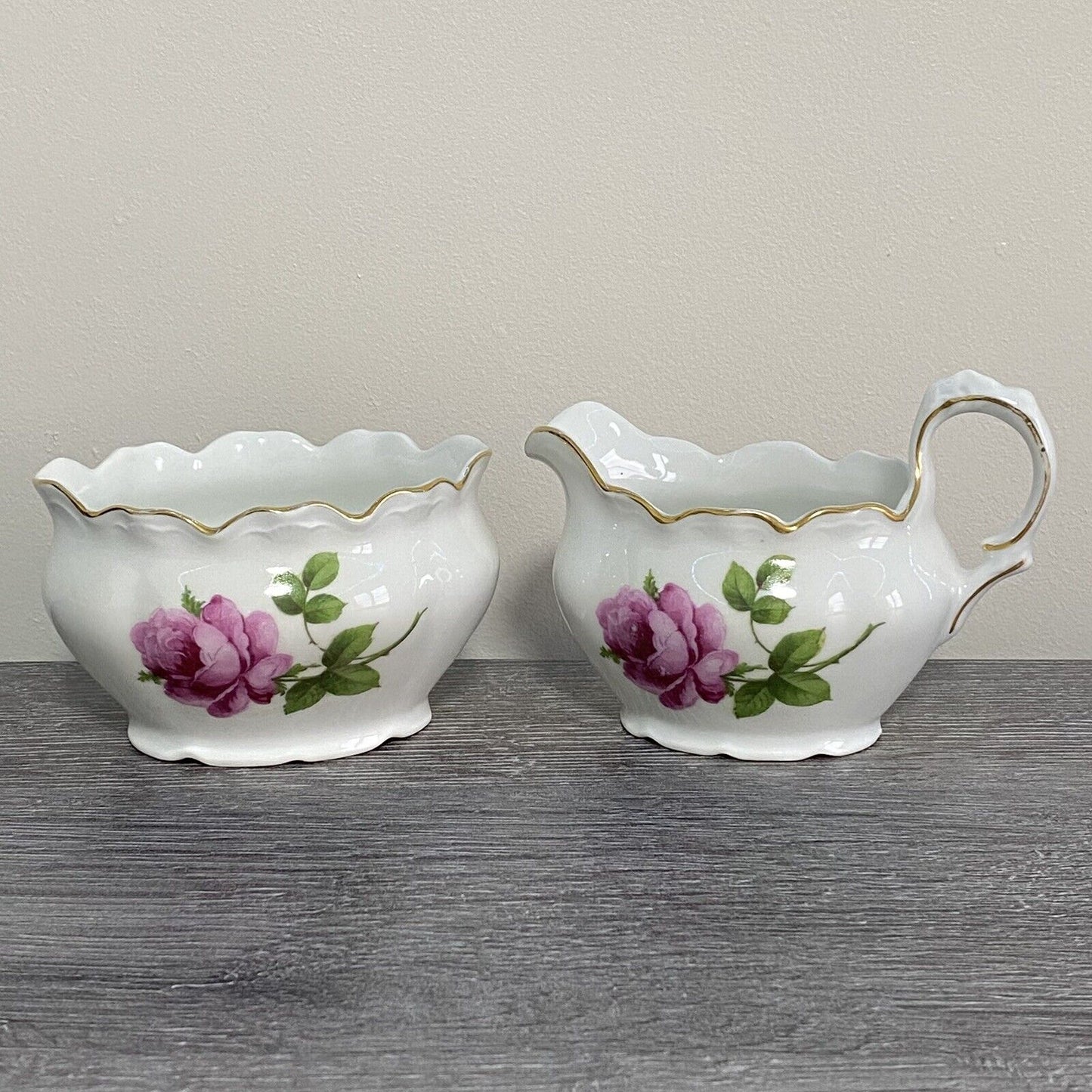 Vintage Bavaria Sugar Bowl & Creamer Jug Set Wild Rose Floral Design Gold Trim