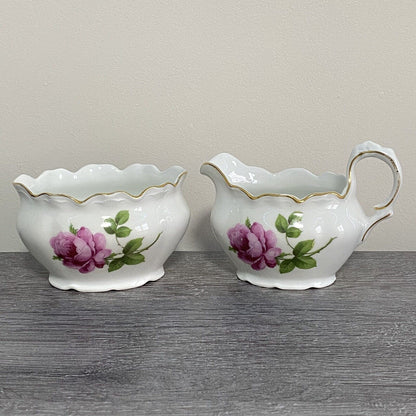 Vintage Bavaria Sugar Bowl & Creamer Jug Set Wild Rose Floral Design Gold Trim
