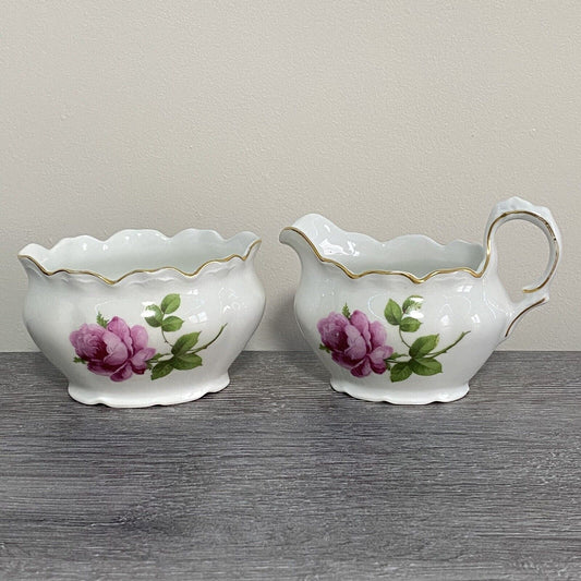 Vintage Bavaria Sugar Bowl & Creamer Jug Set Wild Rose Floral Design Gold Trim