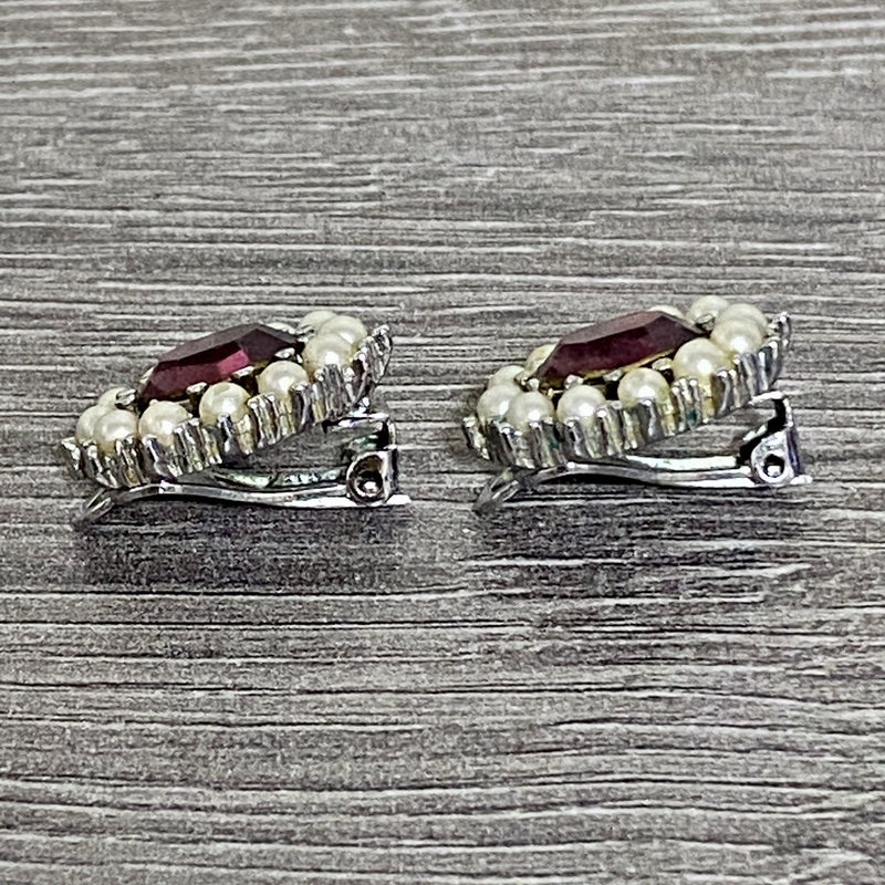 Vintage Clip On Earrings 80s 90s Pearl Ball With Red Ruby Stone Jewellery Pair