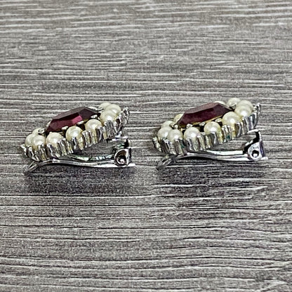 Vintage Clip On Earrings 80s 90s Pearl Ball With Red Ruby Stone Jewellery Pair