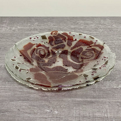 Studio Art Deco Glass Round Plate Bowl Dish Abstract Floral Rose Red Clear Rare