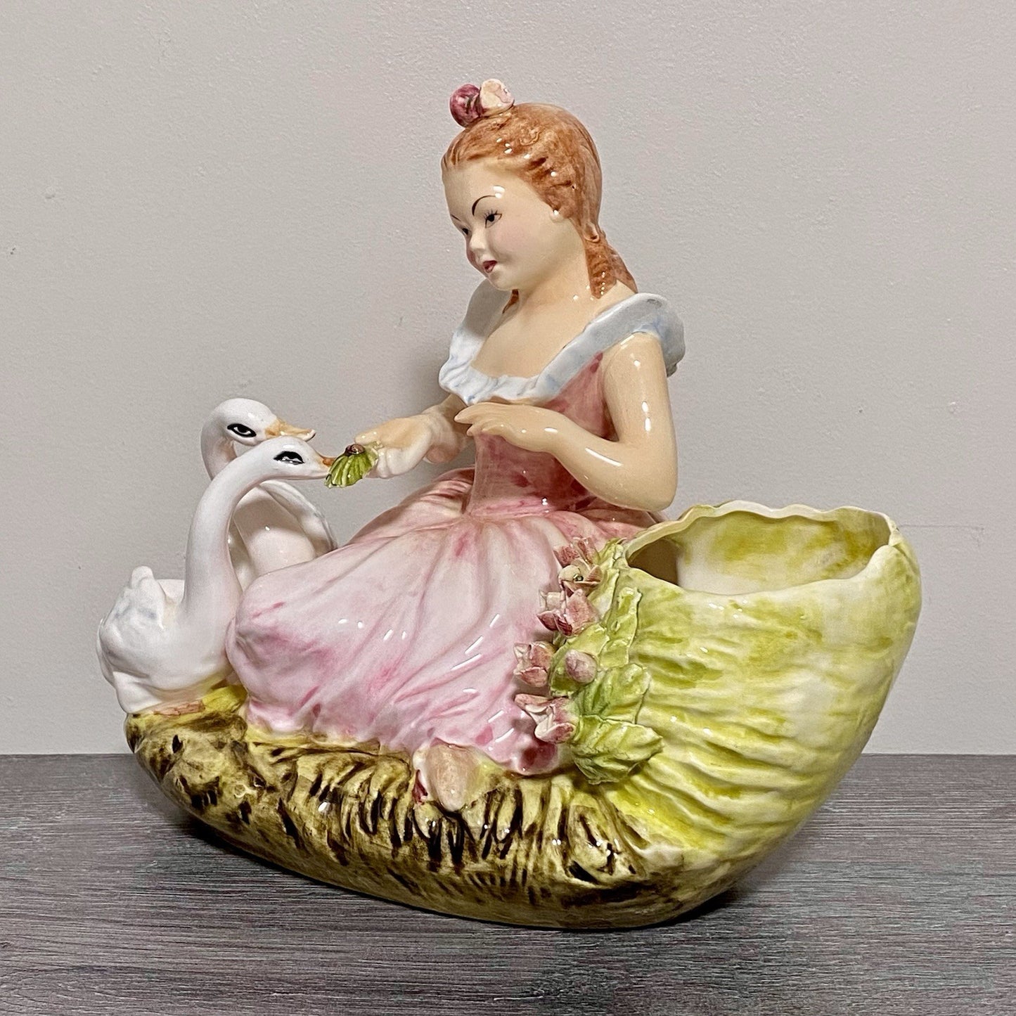 Vintage Arnart Creation Flower Planter Hand Painted Lady Feeding Swan Japan Rare