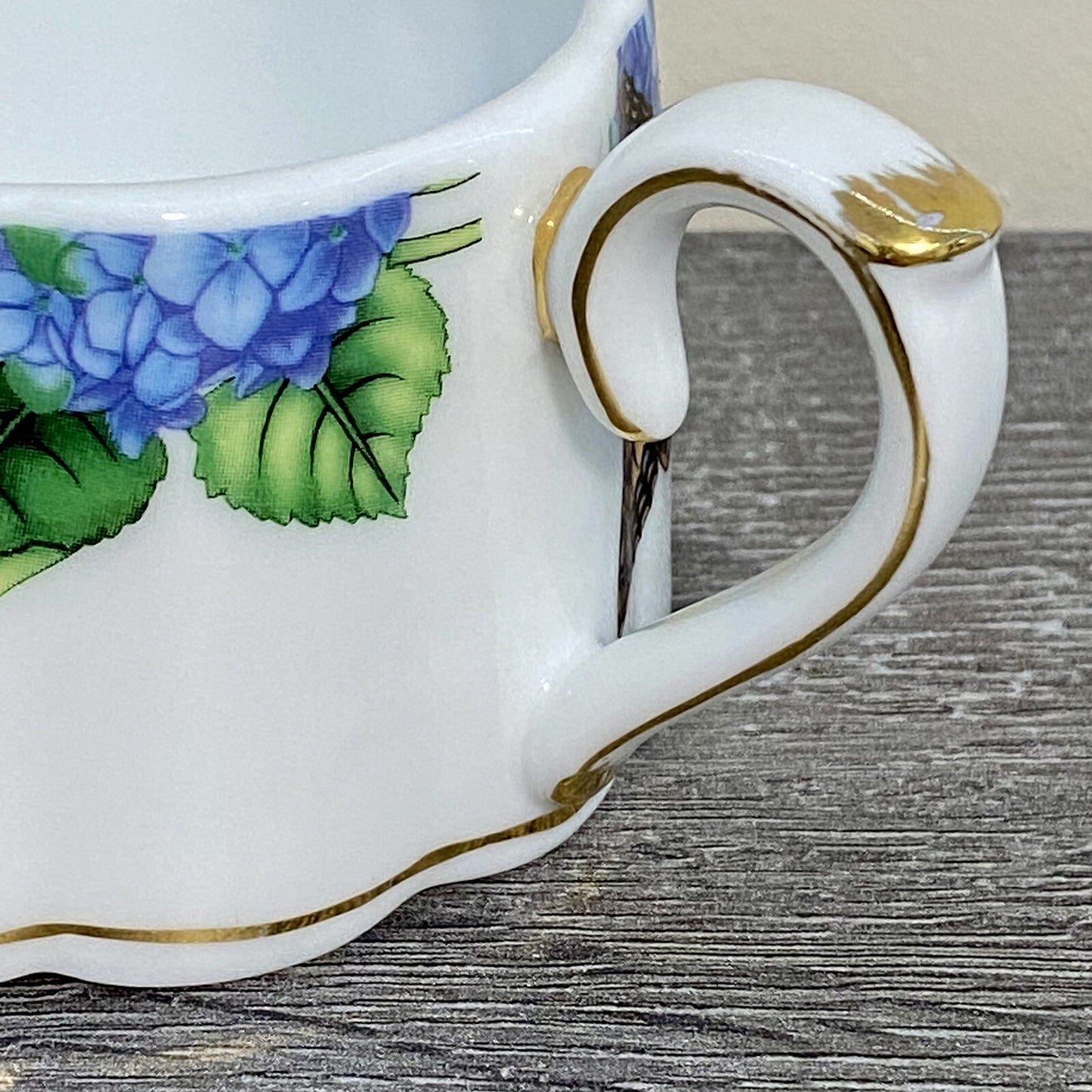 Stackable Tea Cup Coffee Mug Decorative Floral Butterfly Hydrangeas Gold Trim