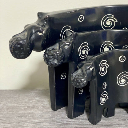 Hippo Sculpture Figurine Art Deco Soapstone 3 Piece Set Handmade Made In Kenya