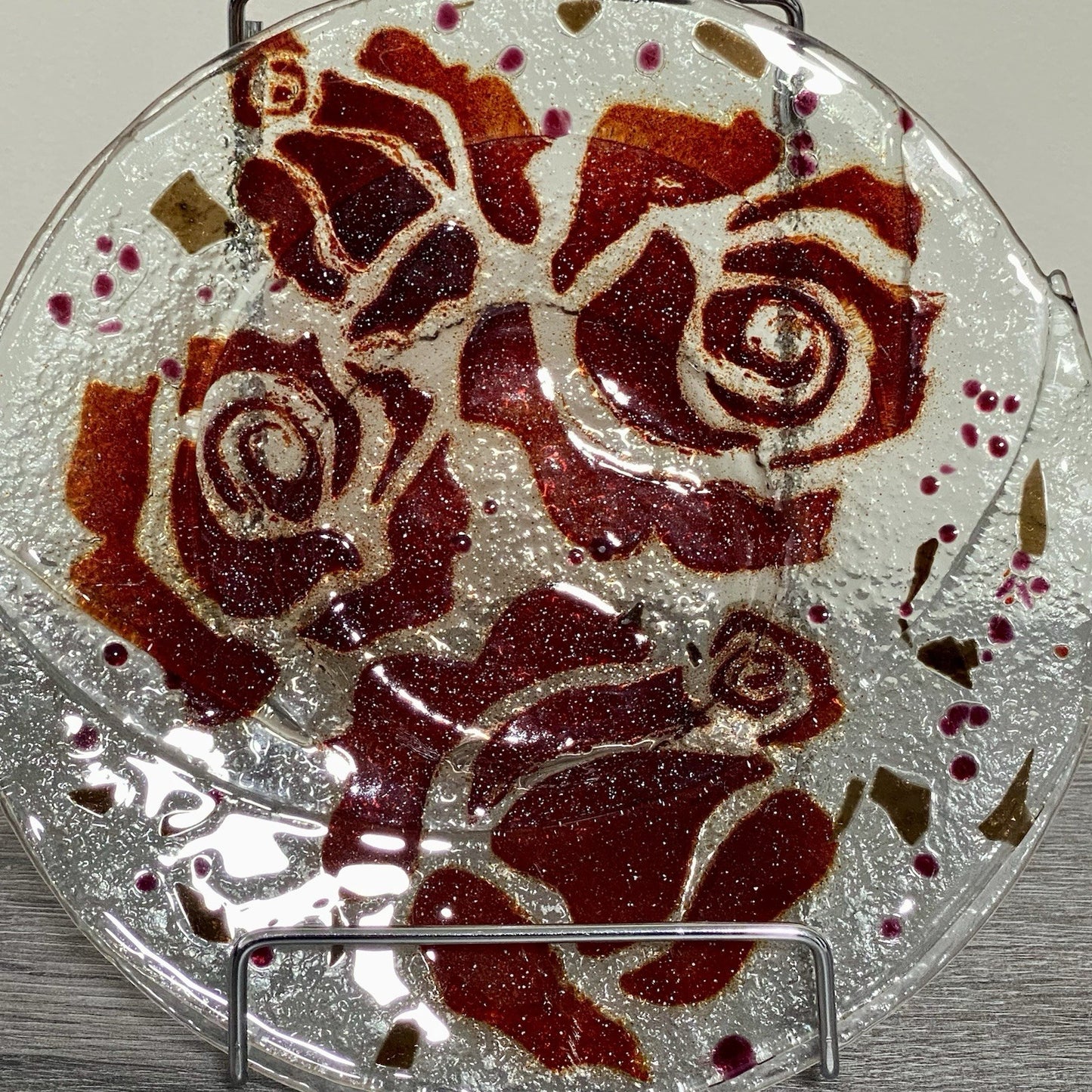 Studio Art Deco Glass Round Plate Bowl Dish Abstract Floral Rose Red Clear Rare