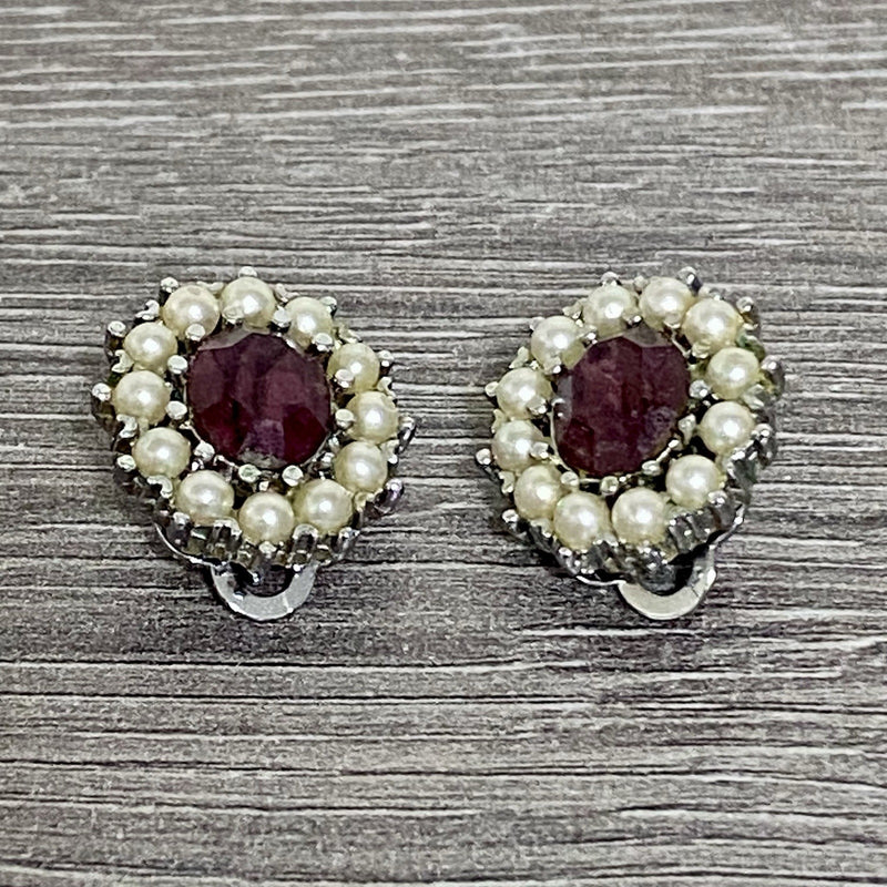 Vintage Clip On Earrings 80s 90s Pearl Ball With Red Ruby Stone Jewellery Pair