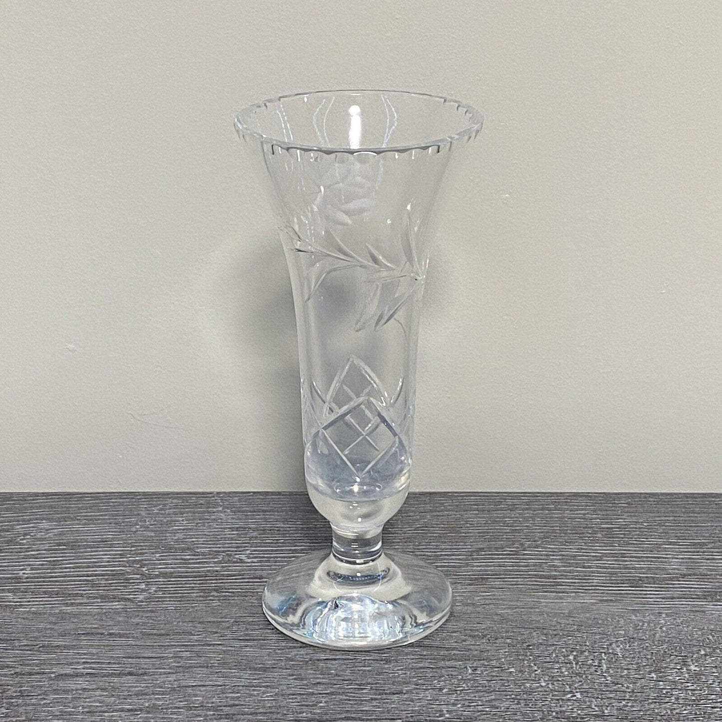 Vintage Crystal Cut Glass Clear Round Floral Art Deco Flared Fluted Flower Vase