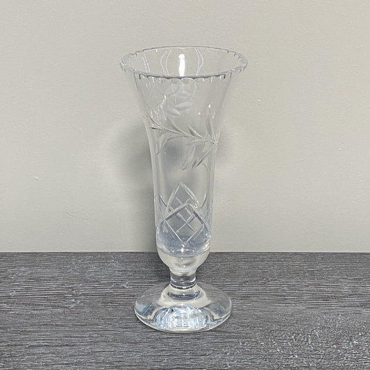 Vintage Crystal Cut Glass Clear Round Floral Art Deco Flared Fluted Flower Vase