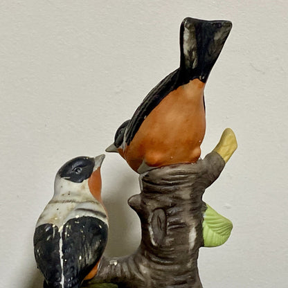 Vintage Bullfinch Birds Figurine On Tree Stump Floral Art Deco Garden Bird Fig