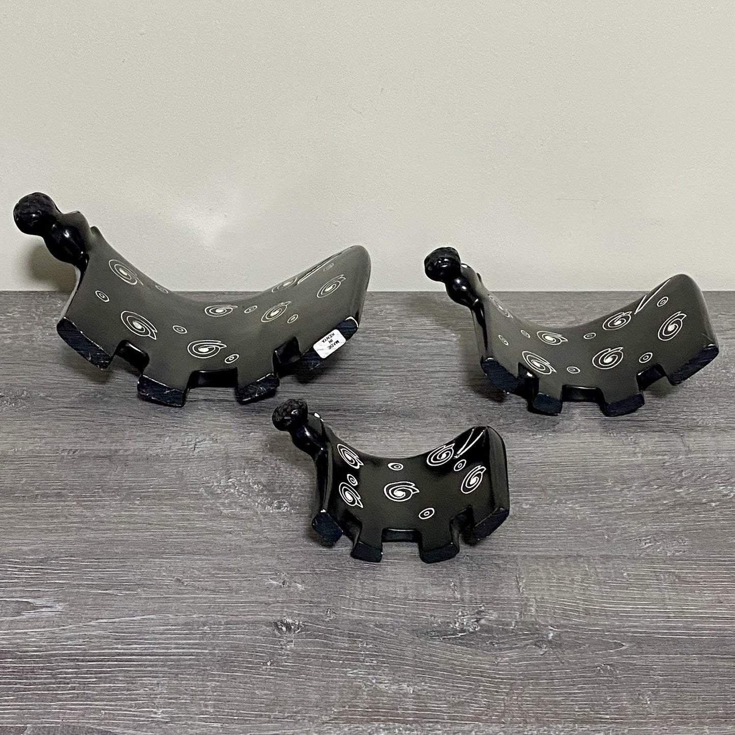 Hippo Sculpture Figurine Art Deco Soapstone 3 Piece Set Handmade Made In Kenya
