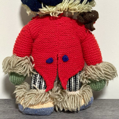 Vintage Hand Knitted Scarecrow Doll Collectible Soft Toy With Bird On Shoulder