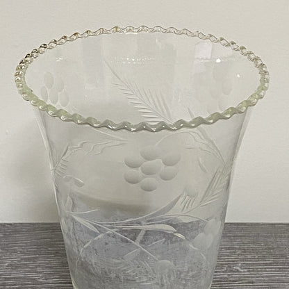 Vintage Crystal Cut Glass Clear Round Floral Art Deco Flared Rimmed Edge Vase