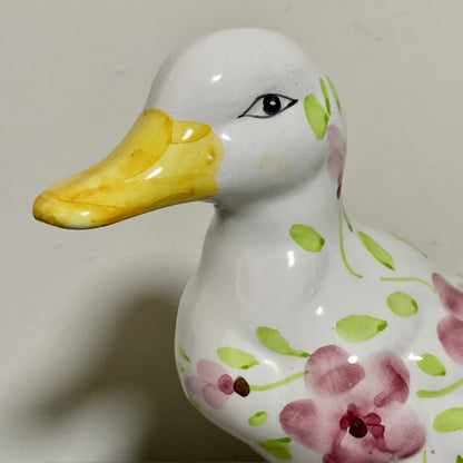 Vintage Floral Duck Bird Figurine Art Deco Pottery Retro Hand Painted 1970s Fig