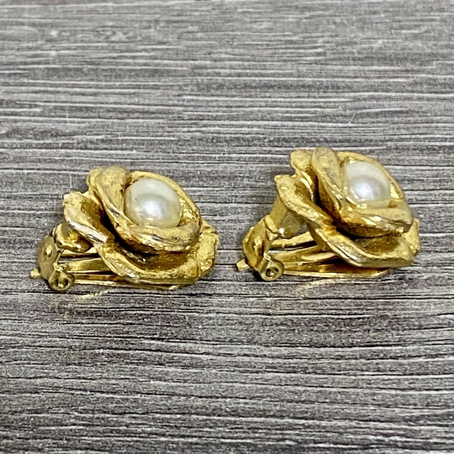 Vintage Gold Tone Clip On Earrings 80s 90s Floral Pearl Ball Jewellery Pair Set