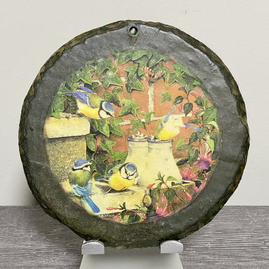 Vintage Blue Tit Art Deco Circle Stone Wall Plate Carpet Back Coaster Decor Rare
