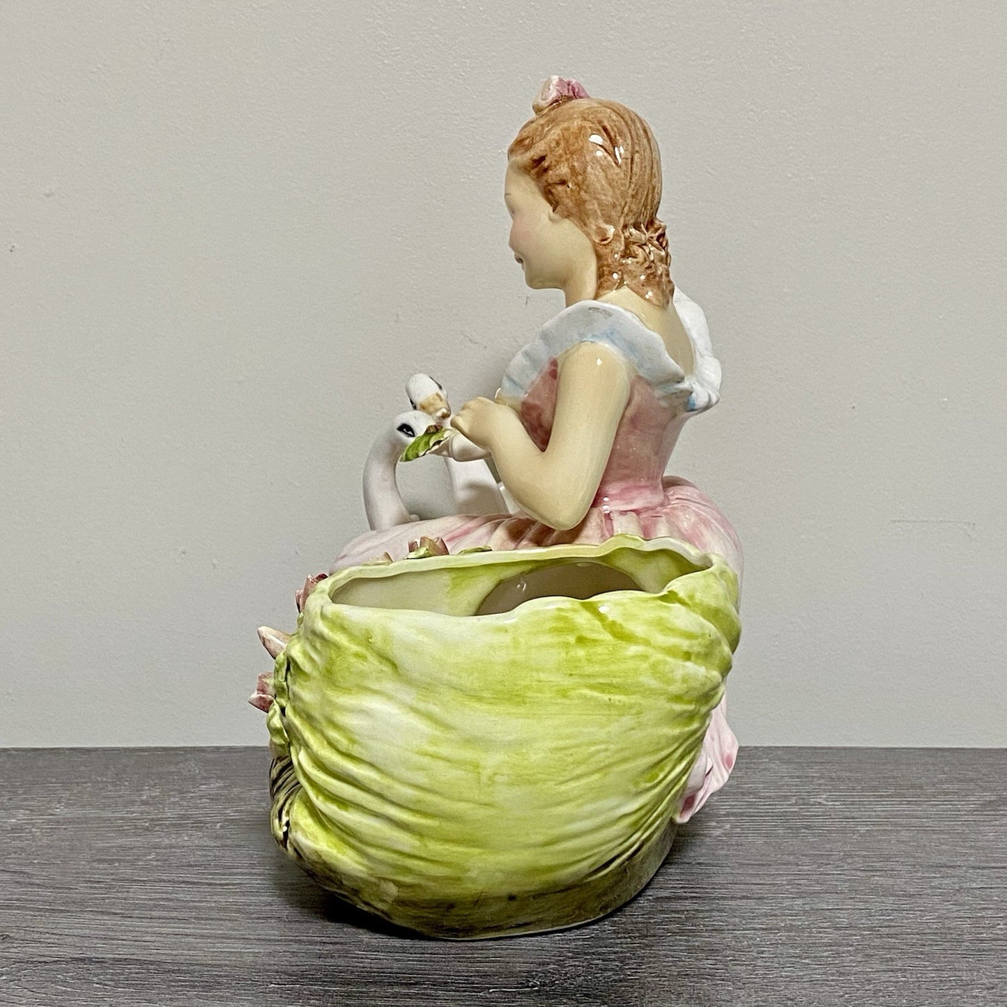 Vintage Arnart Creation Flower Planter Hand Painted Lady Feeding Swan Japan Rare