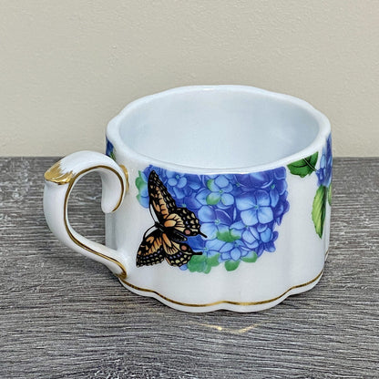 Stackable Tea Cup Coffee Mug Decorative Floral Butterfly Hydrangeas Gold Trim
