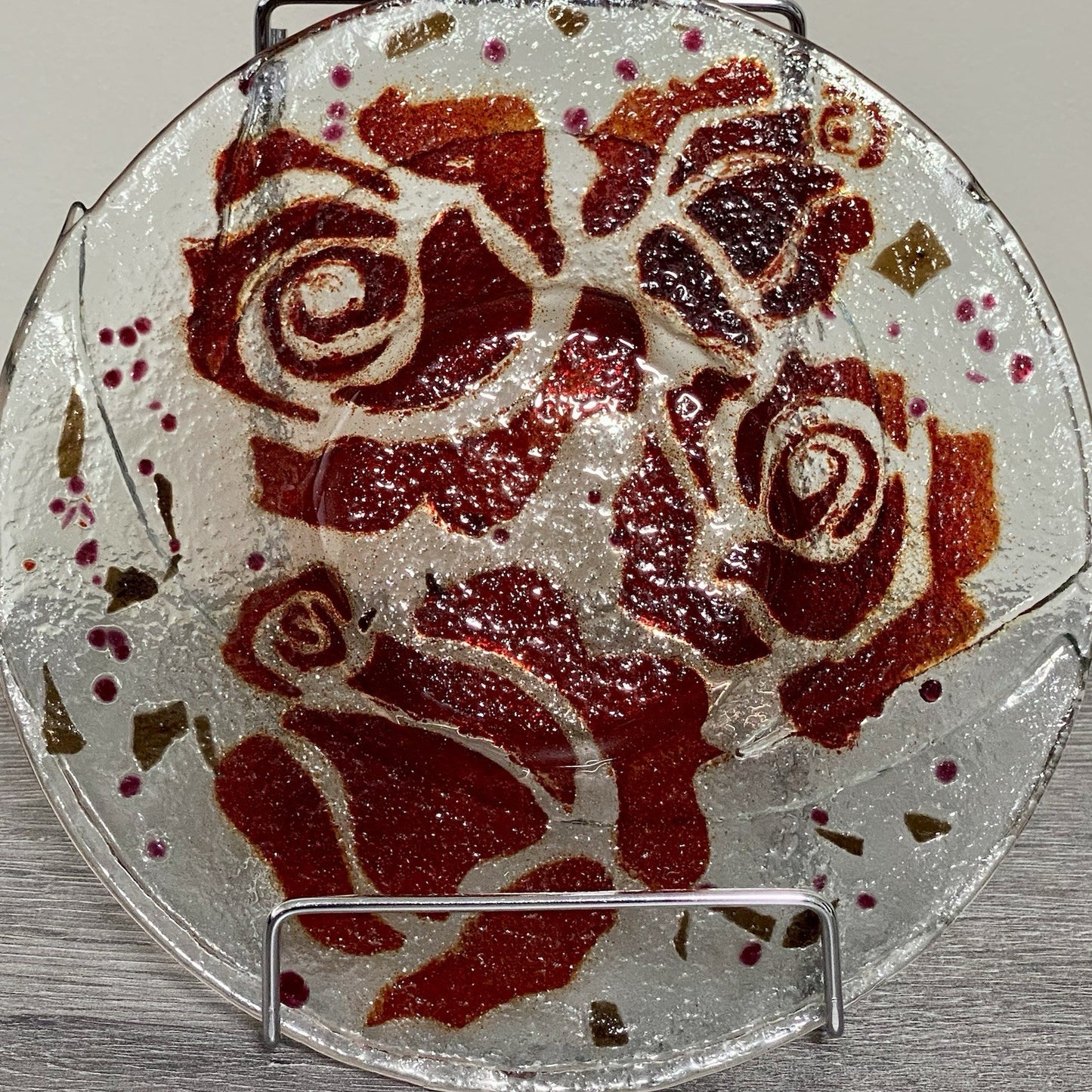 Studio Art Deco Glass Round Plate Bowl Dish Abstract Floral Rose Red Clear Rare