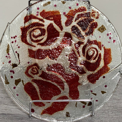Studio Art Deco Glass Round Plate Bowl Dish Abstract Floral Rose Red Clear Rare