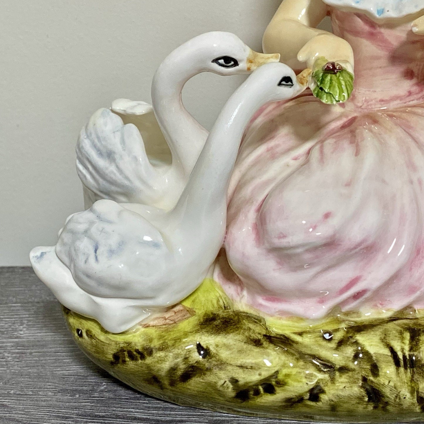 Vintage Arnart Creation Flower Planter Hand Painted Lady Feeding Swan Japan Rare
