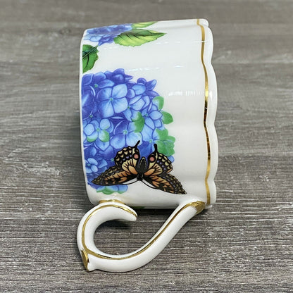 Stackable Tea Cup Coffee Mug Decorative Floral Butterfly Hydrangeas Gold Trim