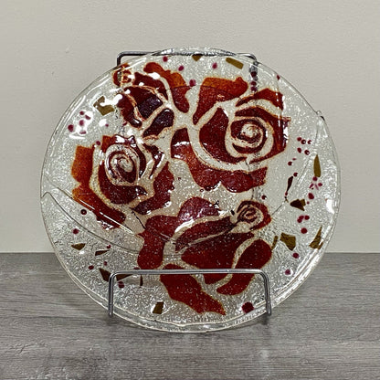 Studio Art Deco Glass Round Plate Bowl Dish Abstract Floral Rose Red Clear Rare